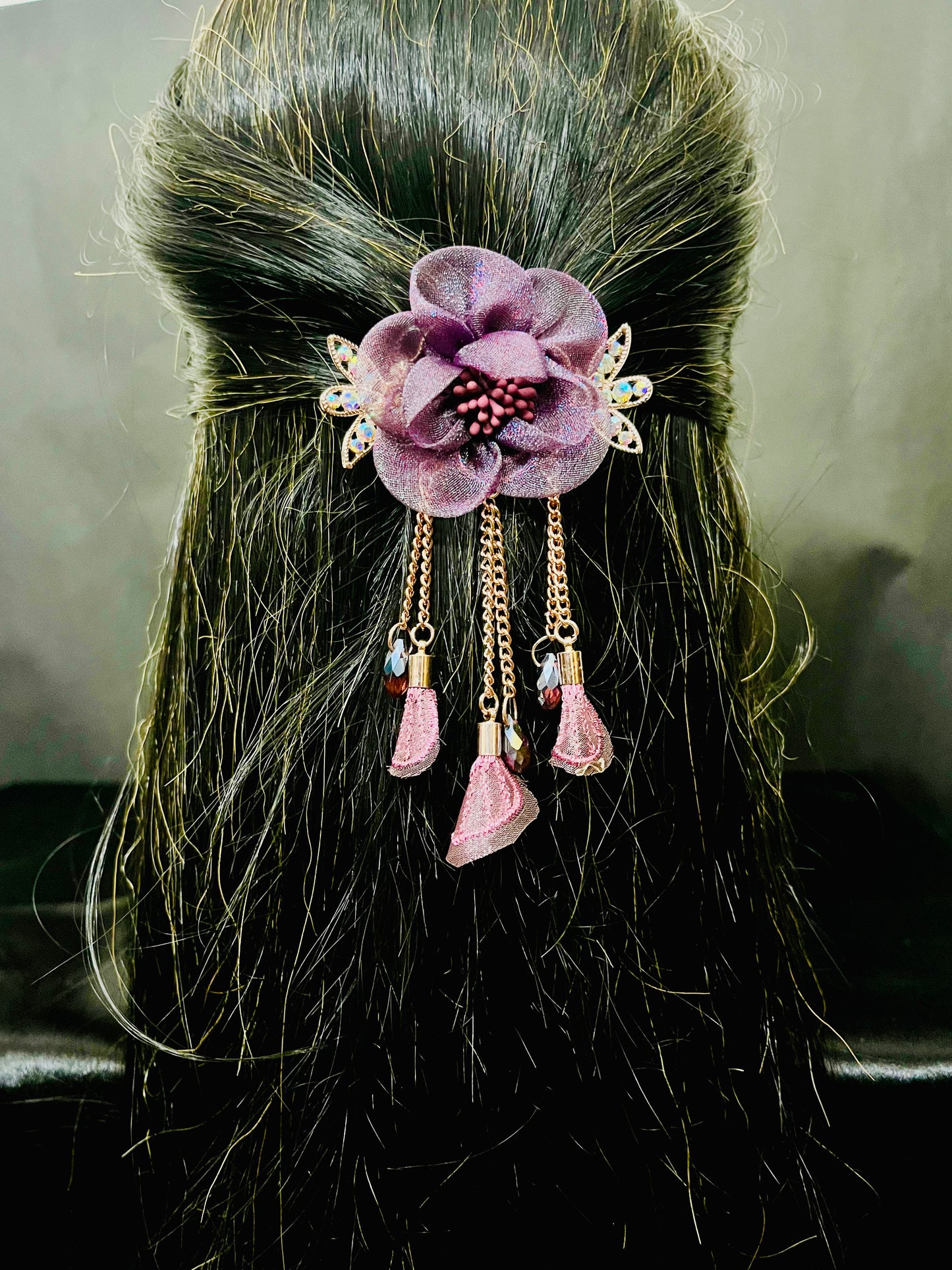Elegant Purple Floral Hair Clip with Crystal Detailing & Tassel Chains