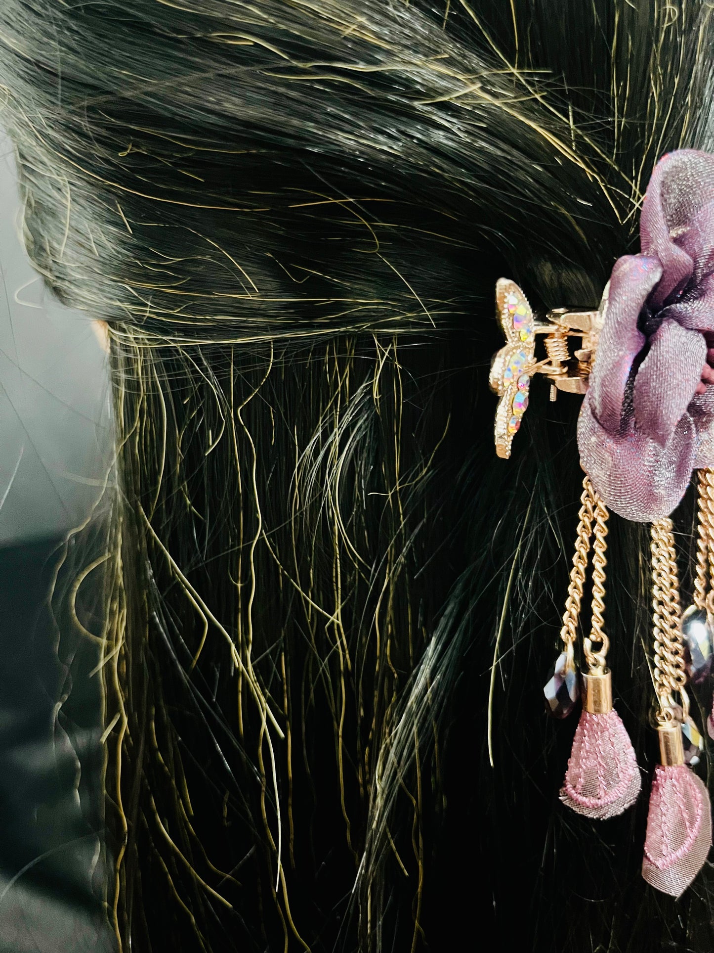 Elegant Purple Floral Hair Clip with Crystal Detailing & Tassel Chains