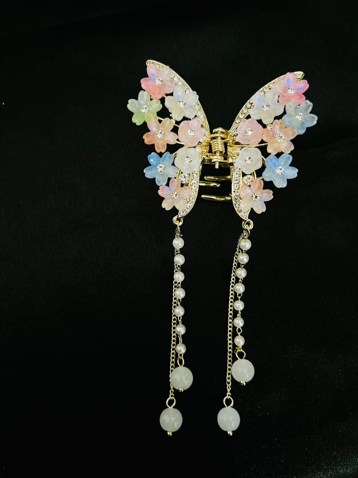 Luxury Multicolor Floral Butterfly Hair Clutcher with Pearls and Crystal Detailing