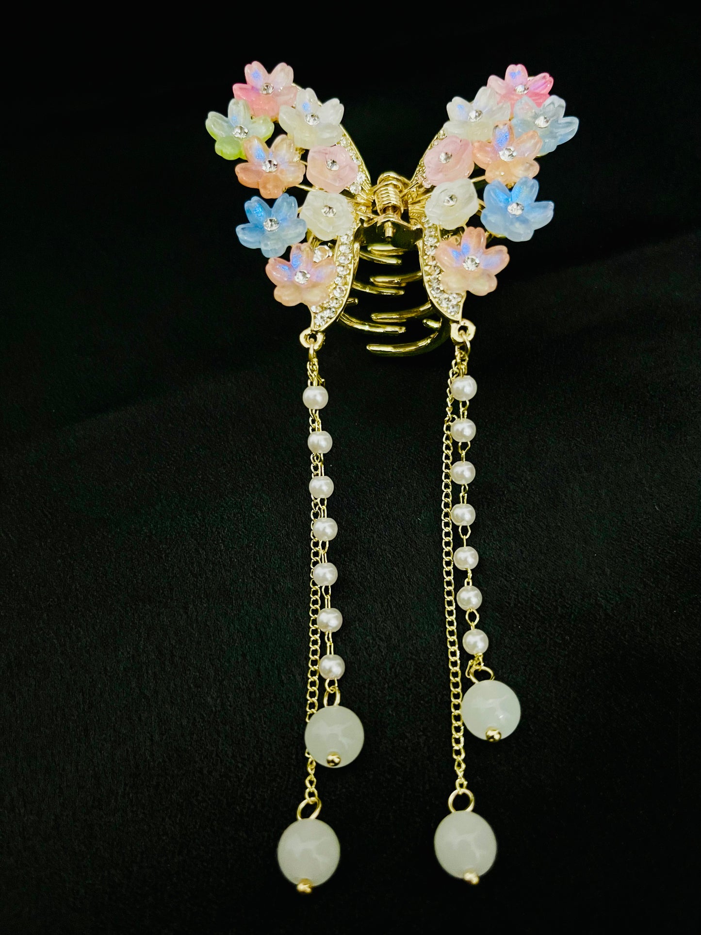 Luxury Multicolor Floral Butterfly Hair Clutcher with Pearls and Crystal Detailing