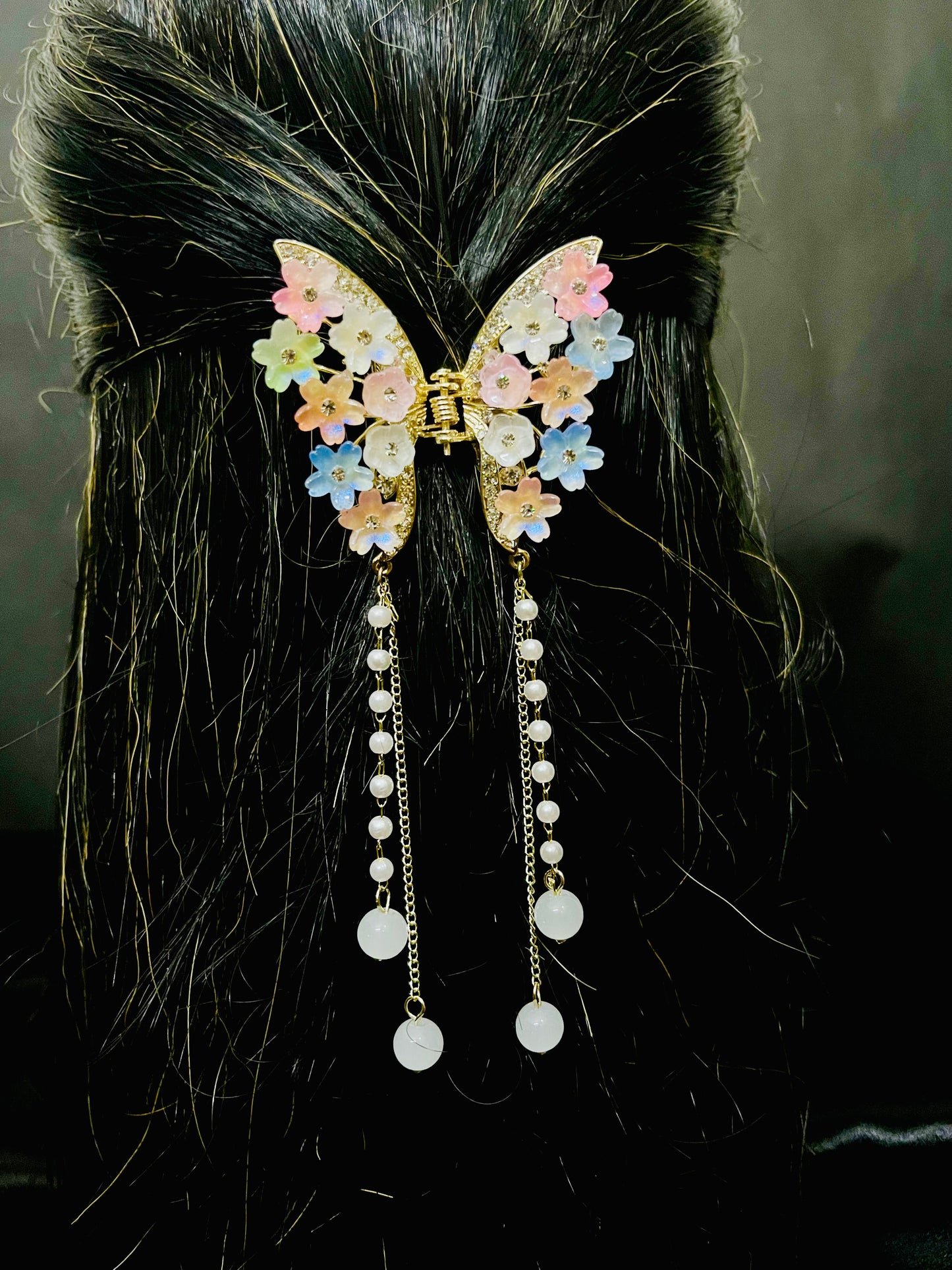 Luxury Multicolor Floral Butterfly Hair Clutcher with Pearls and Crystal Detailing