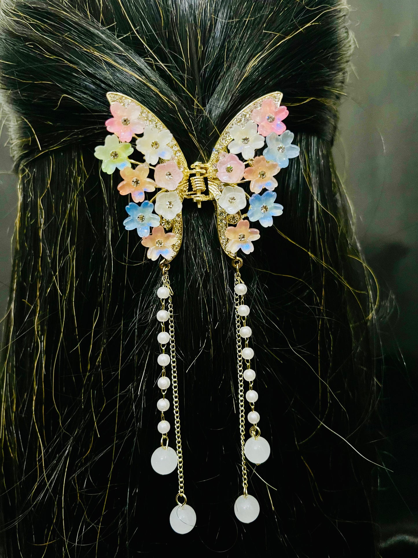 Luxury Multicolor Floral Butterfly Hair Clutcher with Pearls and Crystal Detailing