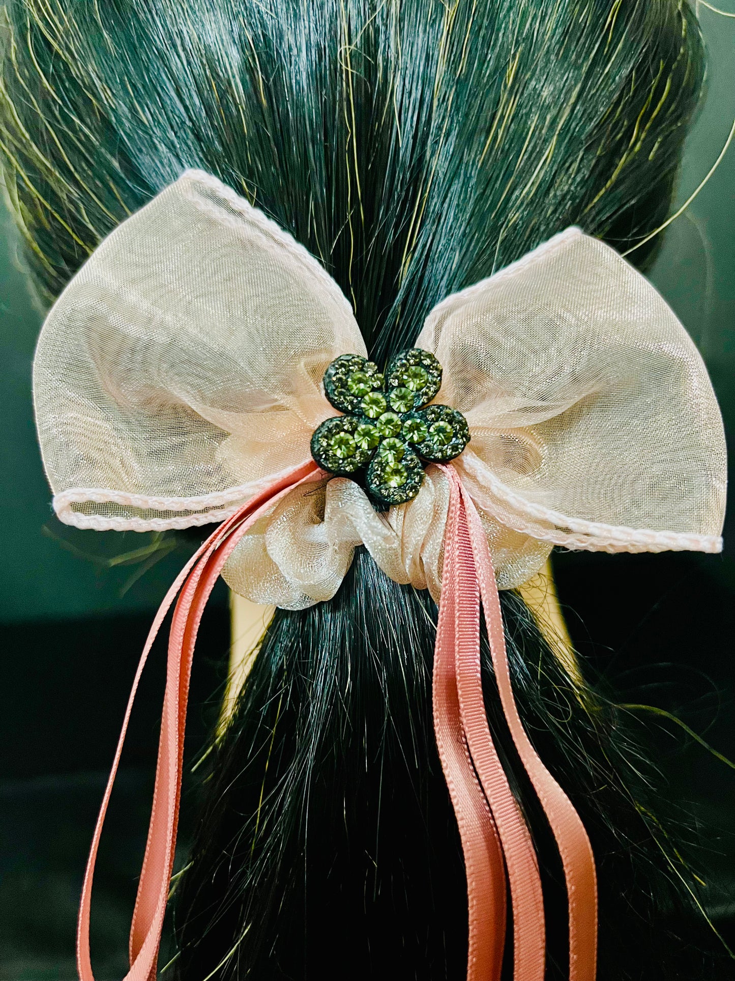 Pack of 2 Elegant Bow Scrunchies with Rhinestone Flower Charm – Satin & Organza Hair Ties