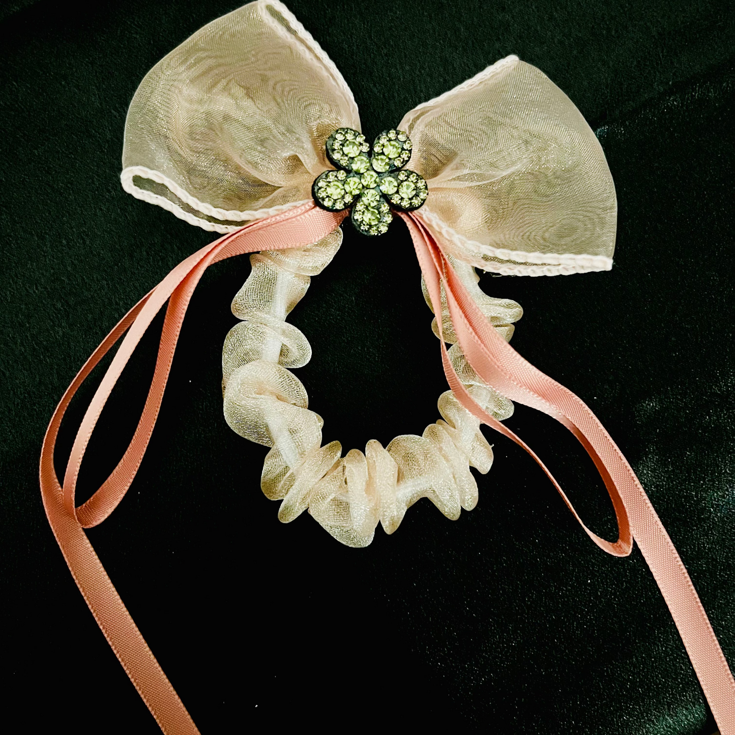 Pack of 2 Elegant Bow Scrunchies with Rhinestone Flower Charm – Satin & Organza Hair Ties