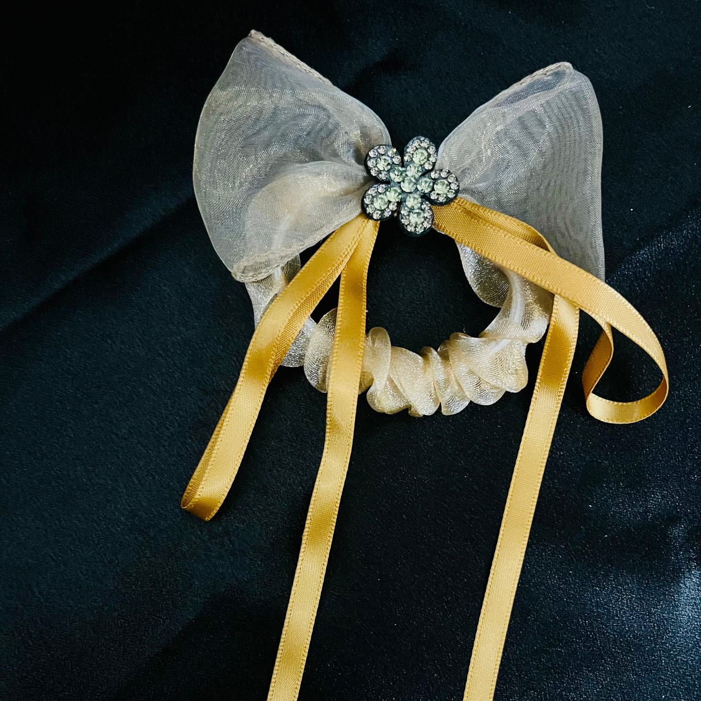 Pack of 2 Elegant Bow Scrunchies with Rhinestone Flower Charm – Satin & Organza Hair Ties