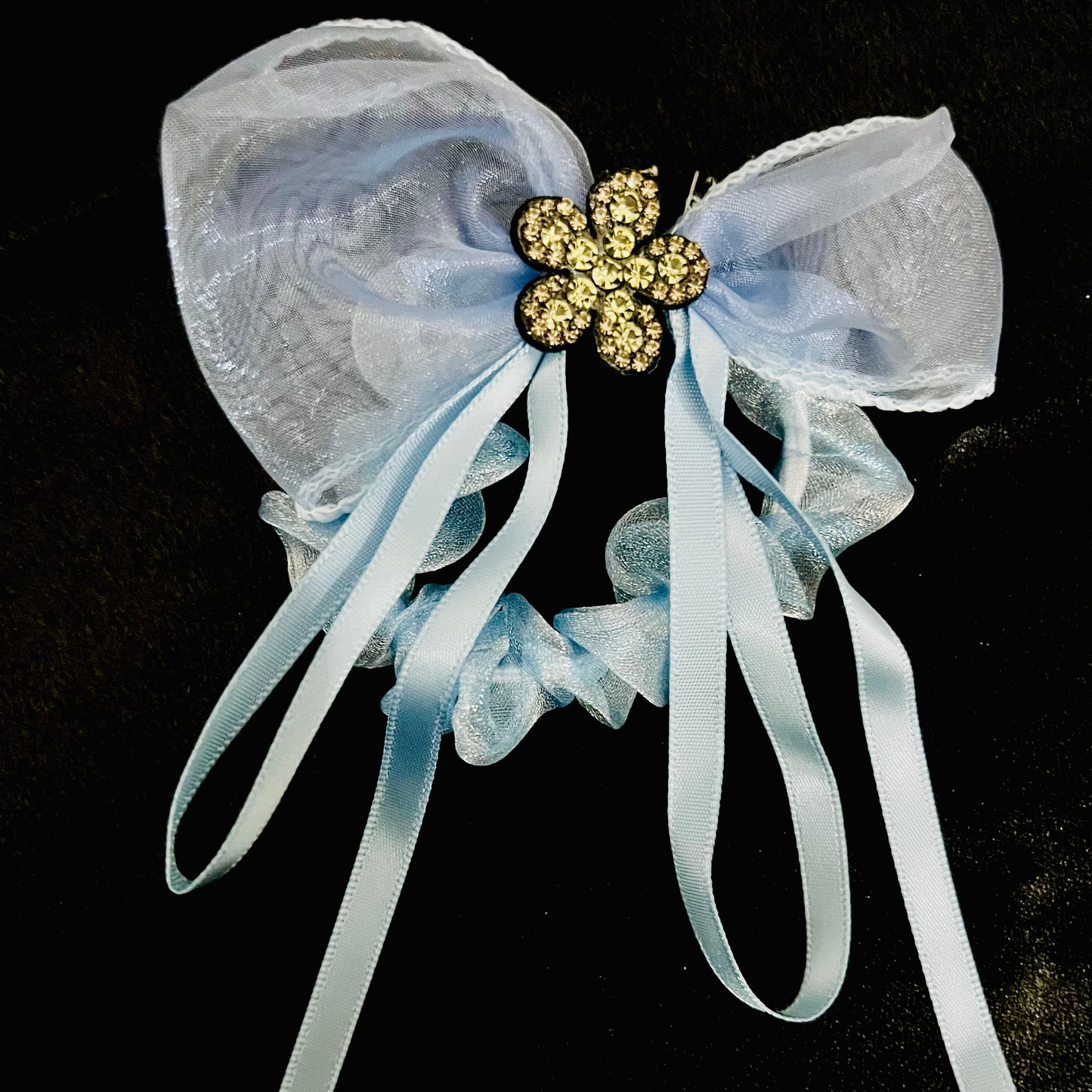 Pack of 2 Elegant Bow Scrunchies with Rhinestone Flower Charm – Satin & Organza Hair Ties