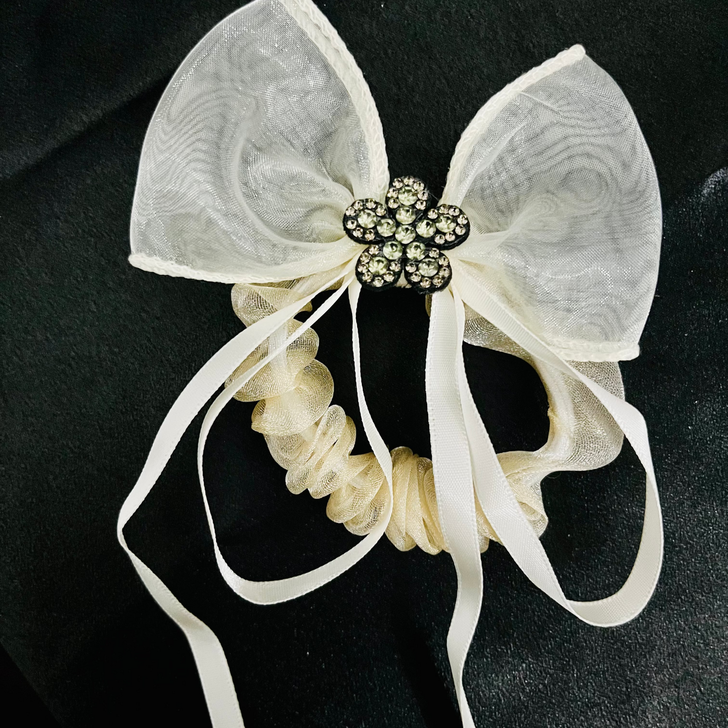 Pack of 2 Elegant Bow Scrunchies with Rhinestone Flower Charm – Satin & Organza Hair Ties