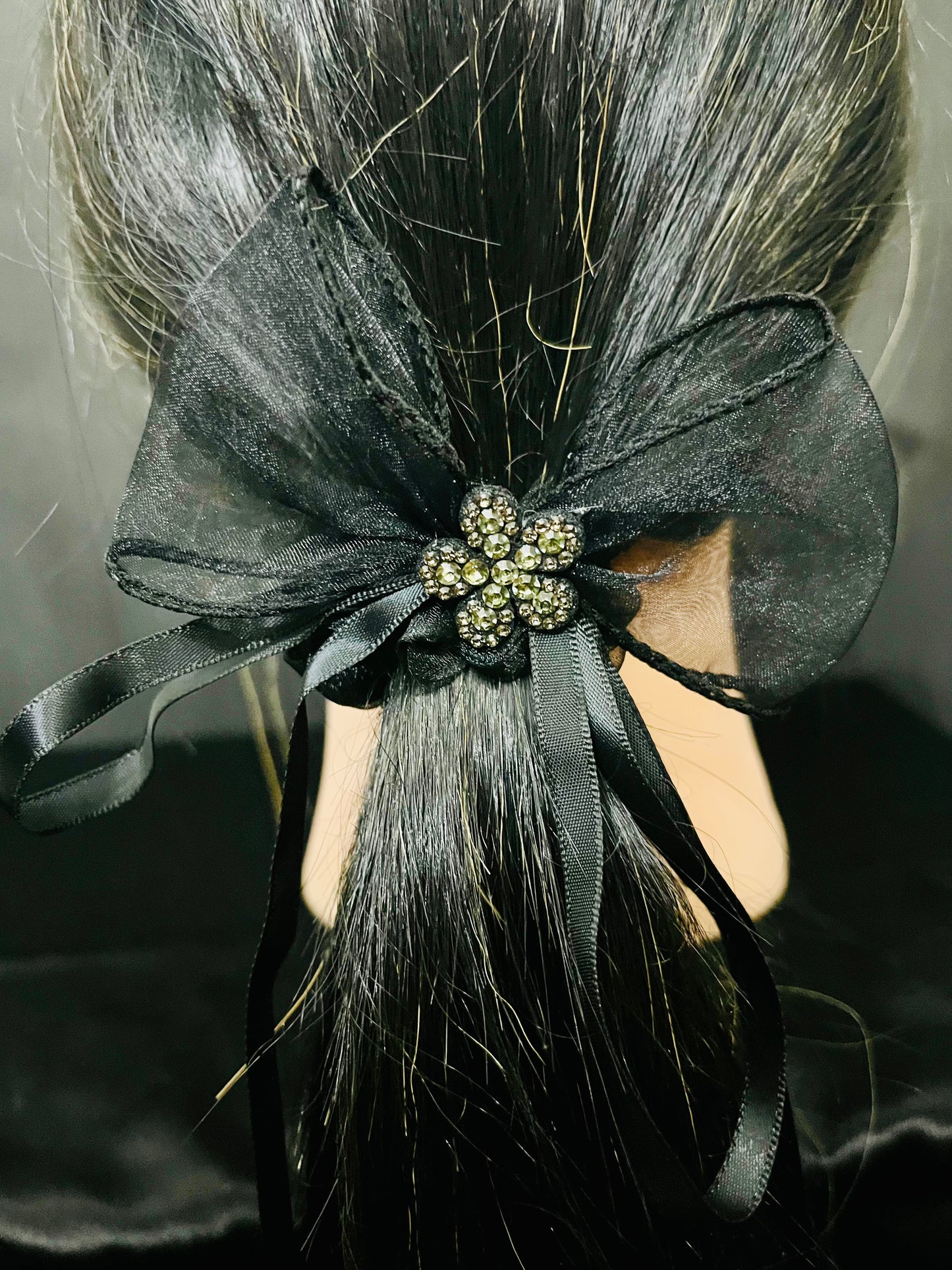 Pack of 2 Elegant Bow Scrunchies with Rhinestone Flower Charm – Satin & Organza Hair Ties