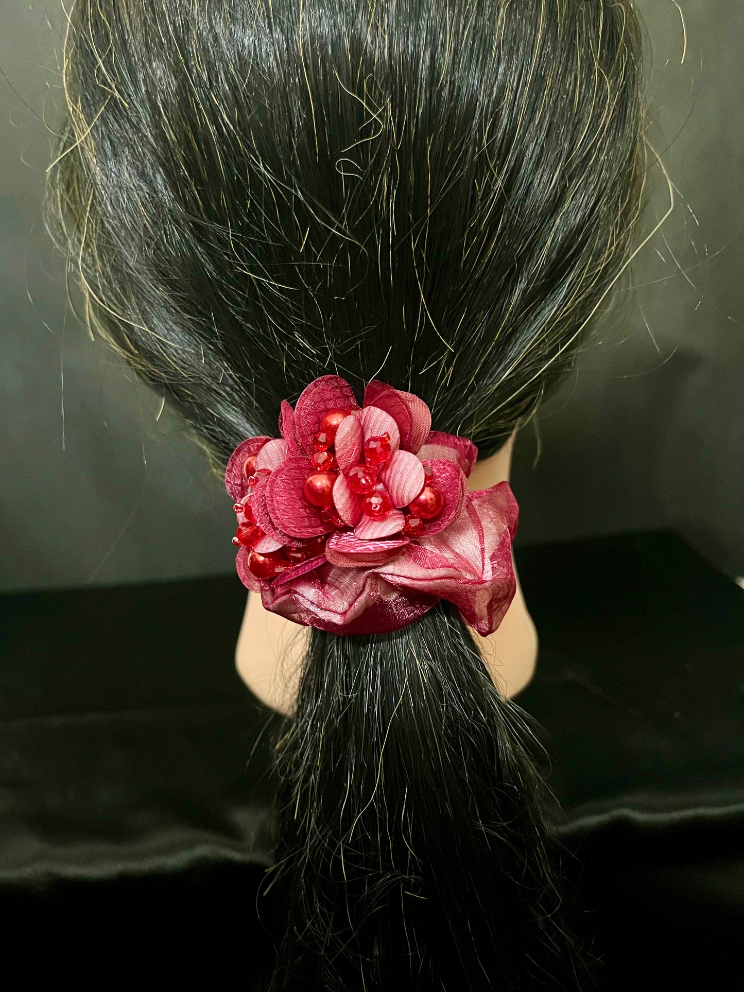 Pack of 2 Red Floral Scrunchies with Beads & Crystal Detailing – Designer Hair Ties