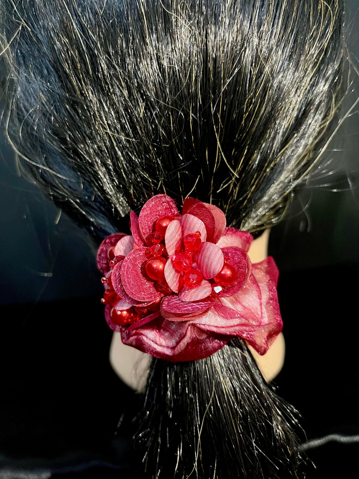 Pack of 2 Red Floral Scrunchies with Beads & Crystal Detailing – Designer Hair Ties