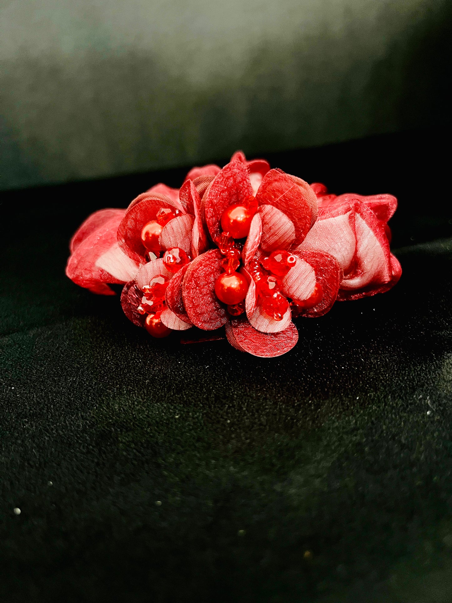 Pack of 2 Red Floral Scrunchies with Beads & Crystal Detailing – Designer Hair Ties