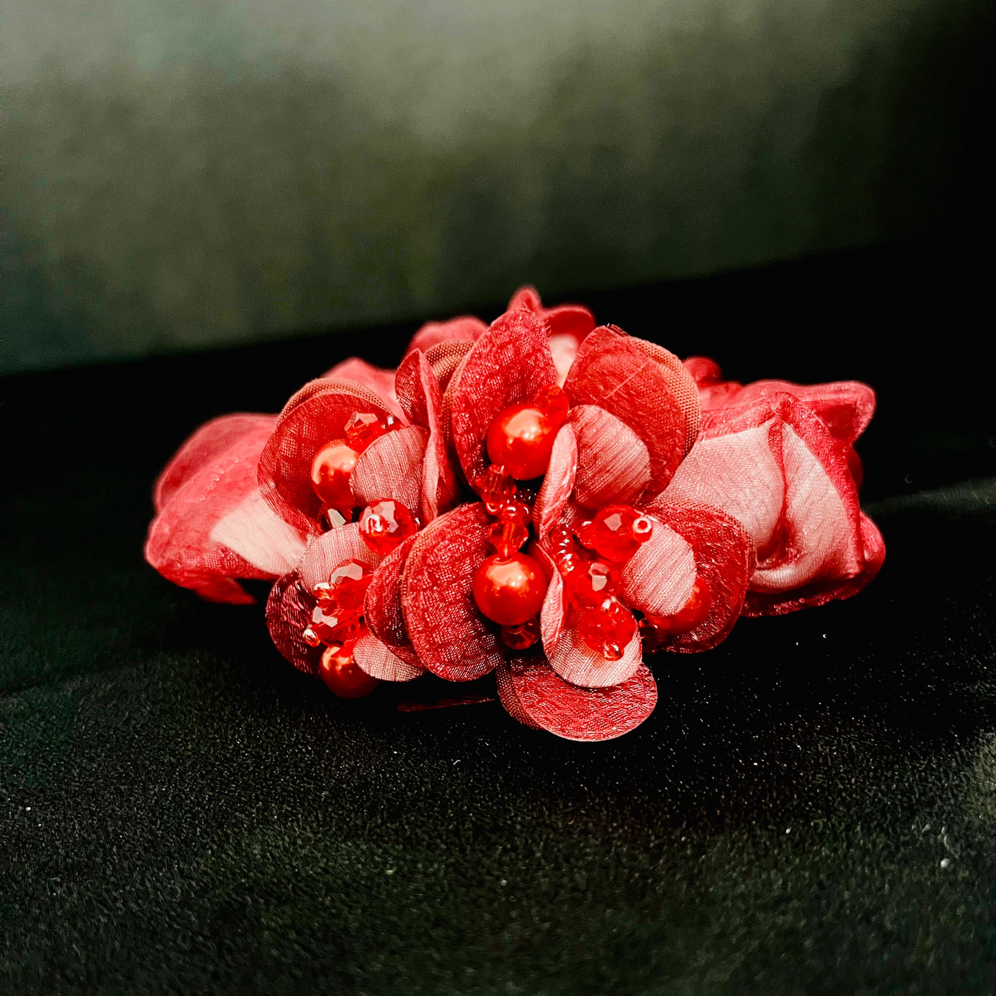 Pack of 2 Red Floral Scrunchies with Beads & Crystal Detailing – Designer Hair Ties