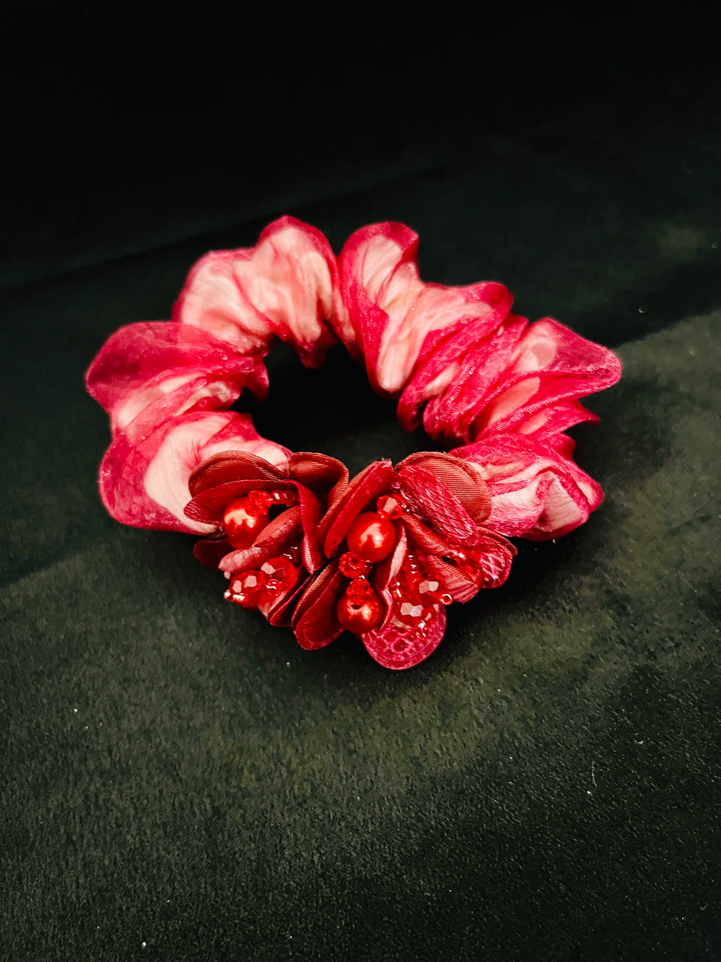 Pack of 2 Red Floral Scrunchies with Beads & Crystal Detailing – Designer Hair Ties