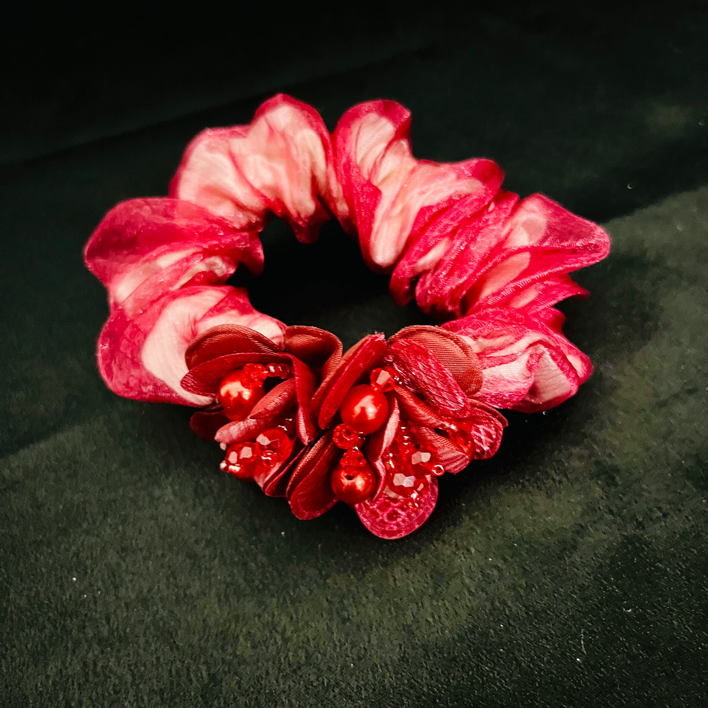 Pack of 2 Red Floral Scrunchies with Beads & Crystal Detailing – Designer Hair Ties
