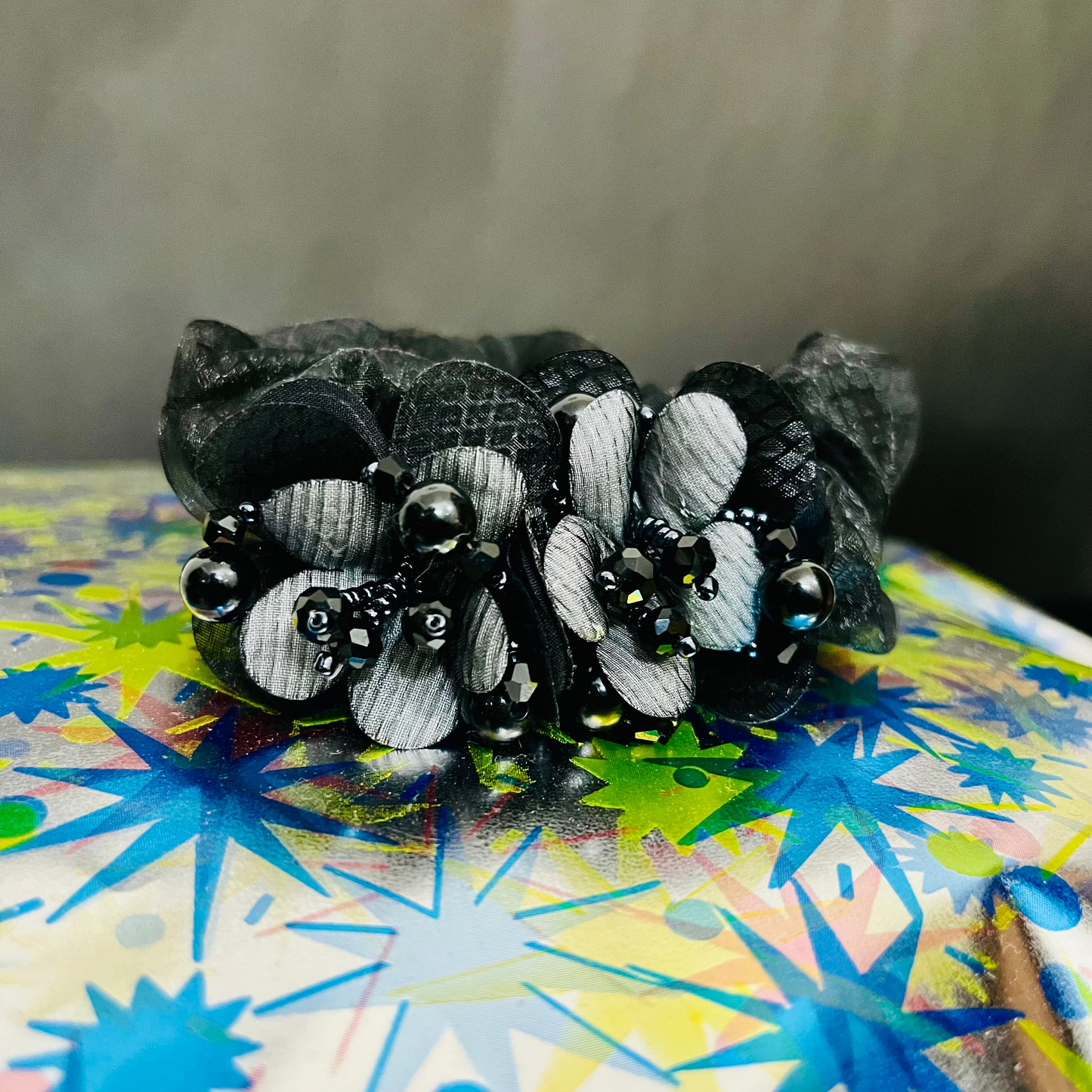 Pack of 2 Black Floral Scrunchies with Beads & Crystal Detailing – Designer Hair Ties
