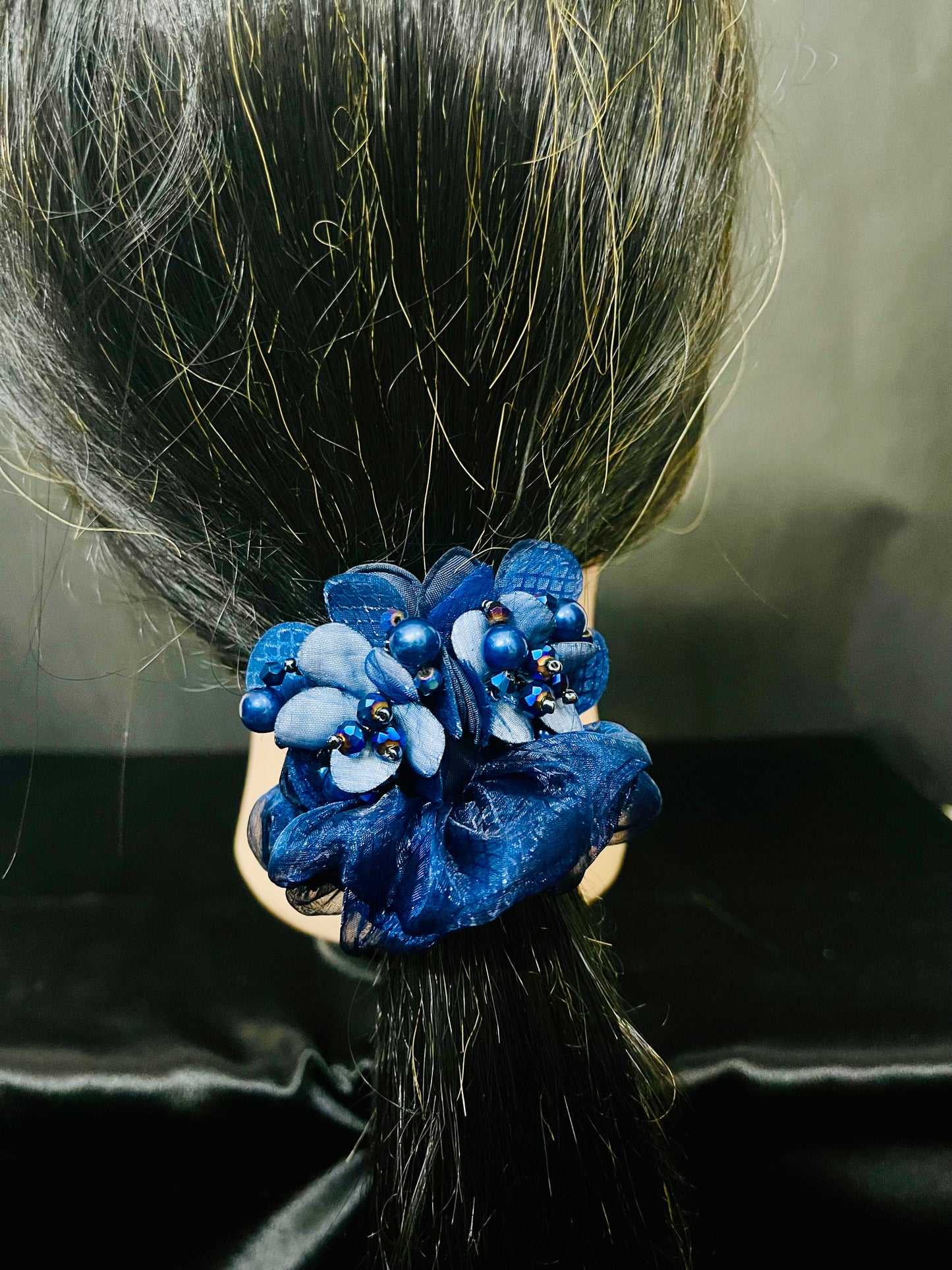 Pack of 2 Blue Floral Scrunchies with Beads & Crystal Detailing – Designer Hair Ties