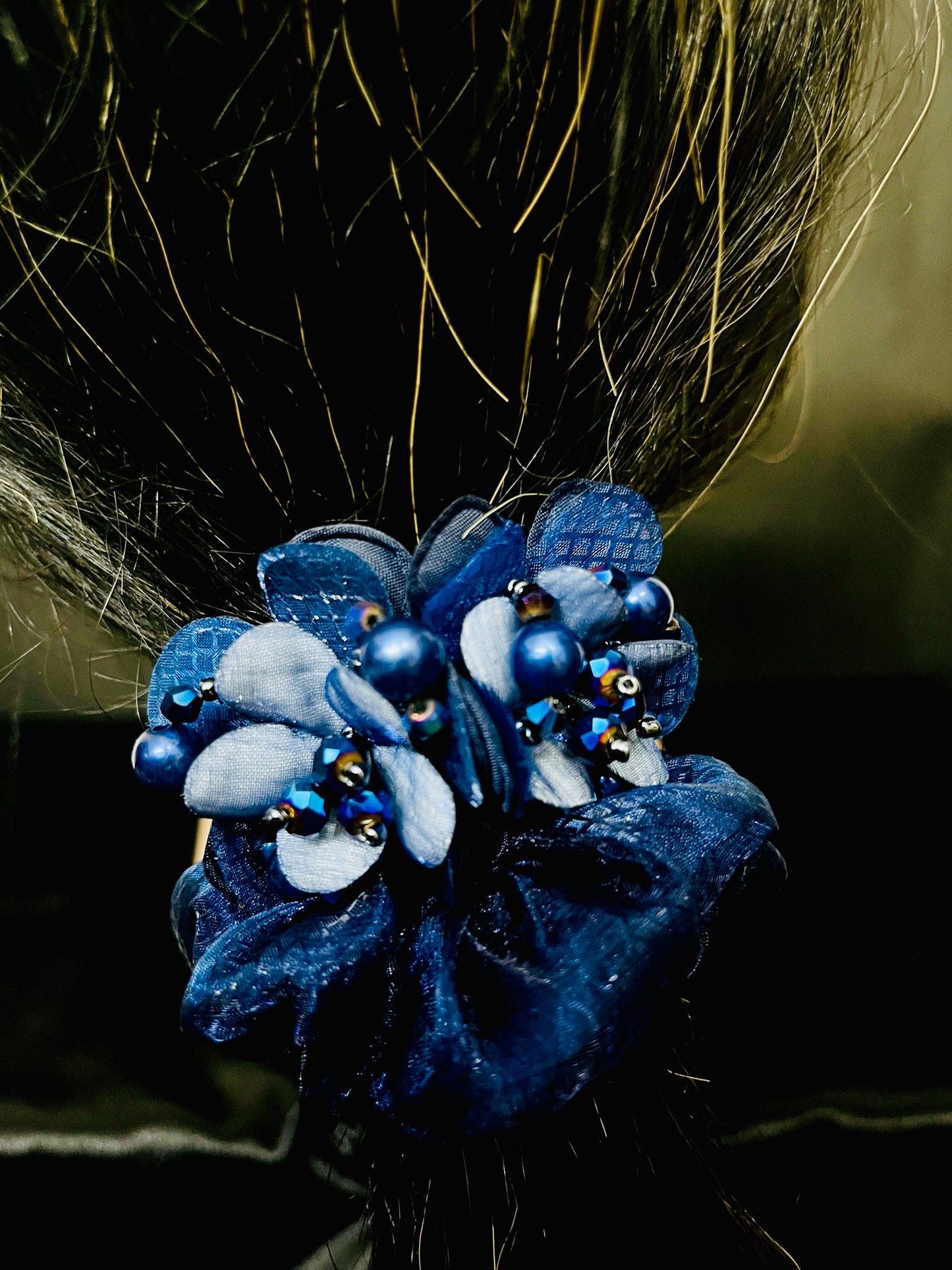 Pack of 2 Blue Floral Scrunchies with Beads & Crystal Detailing – Designer Hair Ties