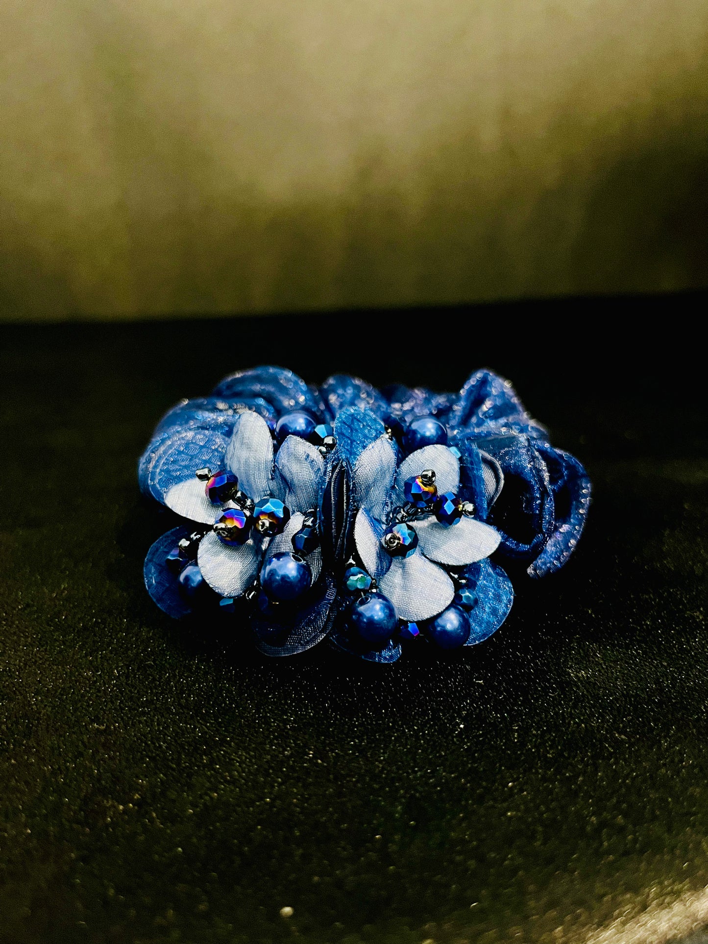 Pack of 2 Blue Floral Scrunchies with Beads & Crystal Detailing – Designer Hair Ties