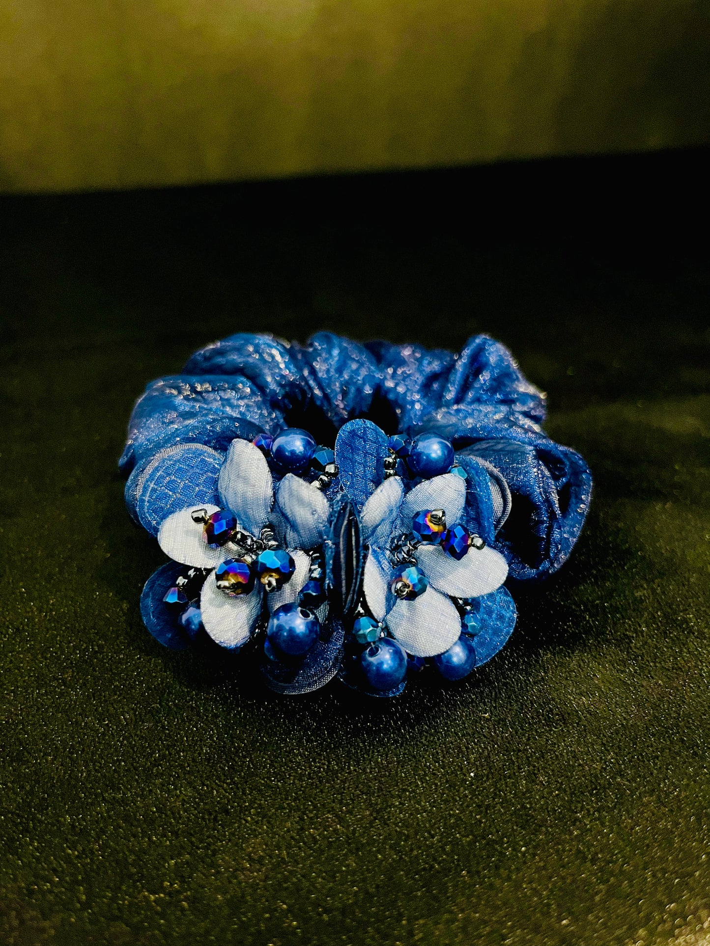 Pack of 2 Blue Floral Scrunchies with Beads & Crystal Detailing – Designer Hair Ties