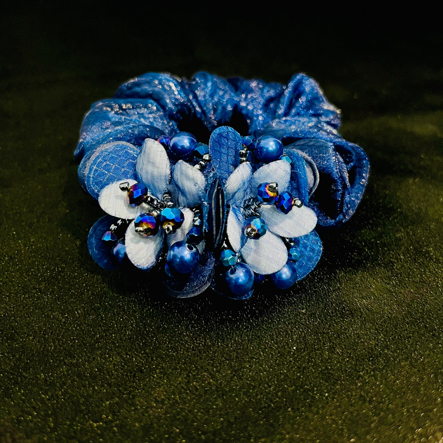 Pack of 2 Blue Floral Scrunchies with Beads & Crystal Detailing – Designer Hair Ties