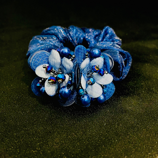 Pack of 2 Blue Floral Scrunchies with Beads & Crystal Detailing – Designer Hair Ties