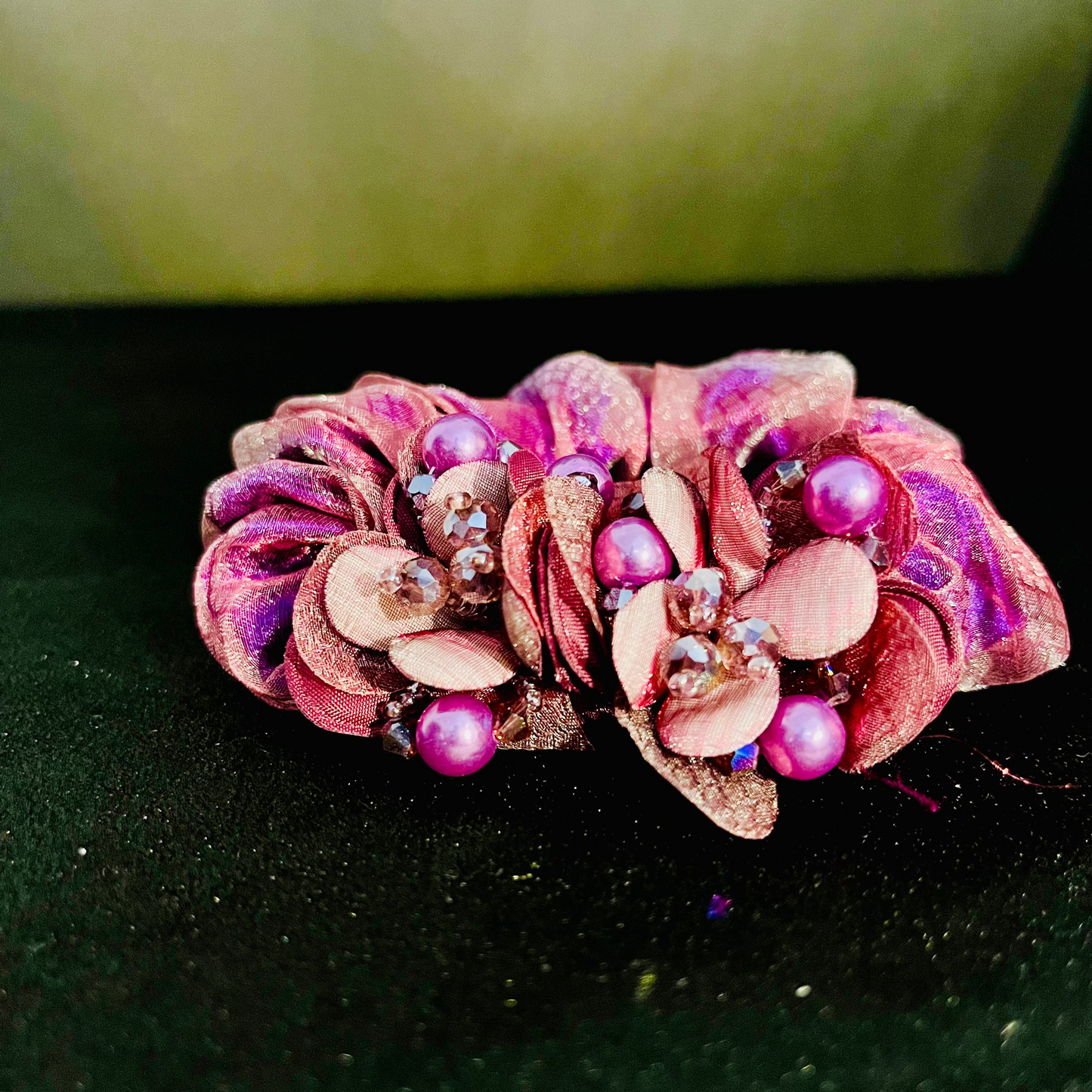 Pack of 2 Pink Floral Scrunchies with Beads & Crystal Detailing – Designer Hair Ties