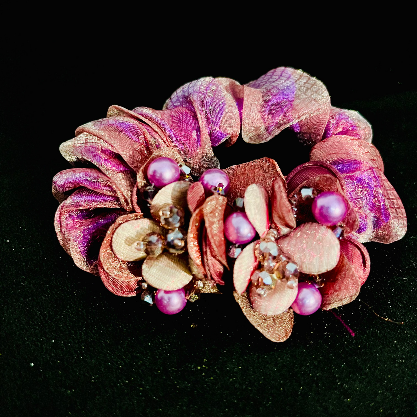 Pack of 2 Pink Floral Scrunchies with Beads & Crystal Detailing – Designer Hair Ties