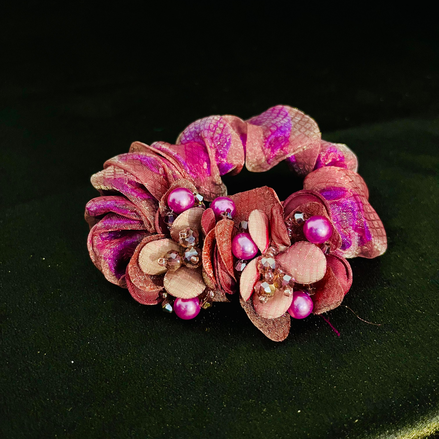 Pack of 2 Pink Floral Scrunchies with Beads & Crystal Detailing – Designer Hair Ties