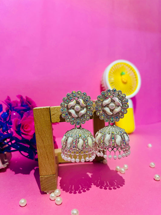 Premium Floral Pearl & Crystal Jhumka Earrings | White Enamel Ethnic Jewelry