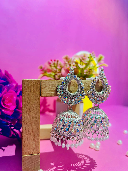 Peacock Crystal Jhumka Earrings with Pearl Drops | Silver Ethnic Earrings