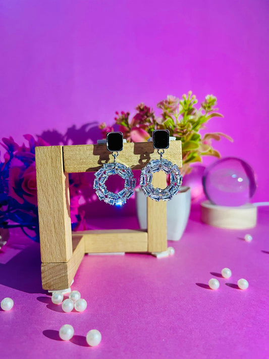Black Stud Crystal Hoop Drop Earrings | Modern Partywear Jewelry