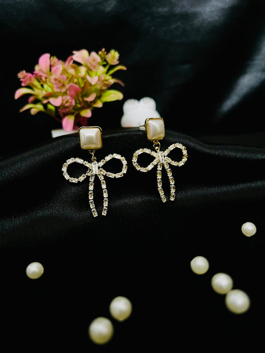 Pearl Stud Bow Crystal Earrings | Elegant Partywear Jewelry