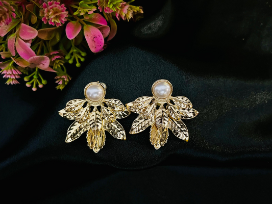 Gold Leaf Pearl Stud Earrings | Elegant Wedding & Party Jewelry