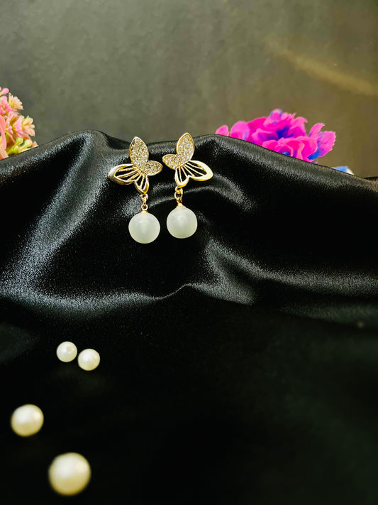 Golden Butterfly Pearl Drop Earrings | Elegant Party Jewelry