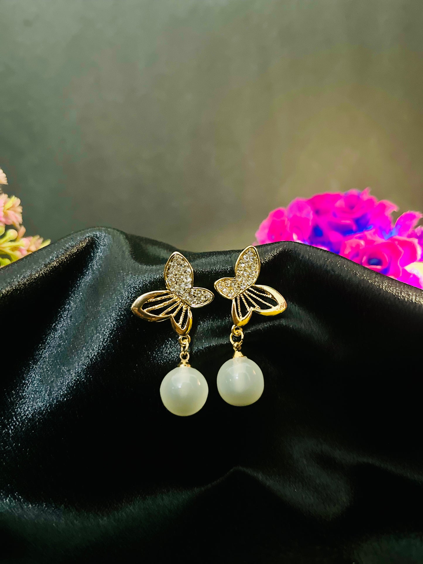Golden Butterfly Pearl Drop Earrings | Elegant Party Jewelry