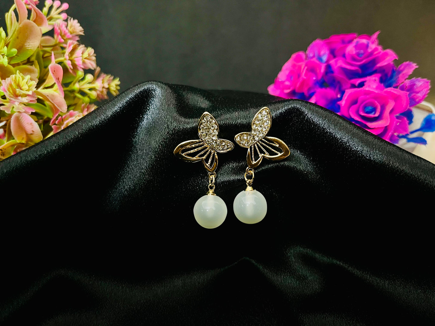 Golden Butterfly Pearl Drop Earrings | Elegant Party Jewelry