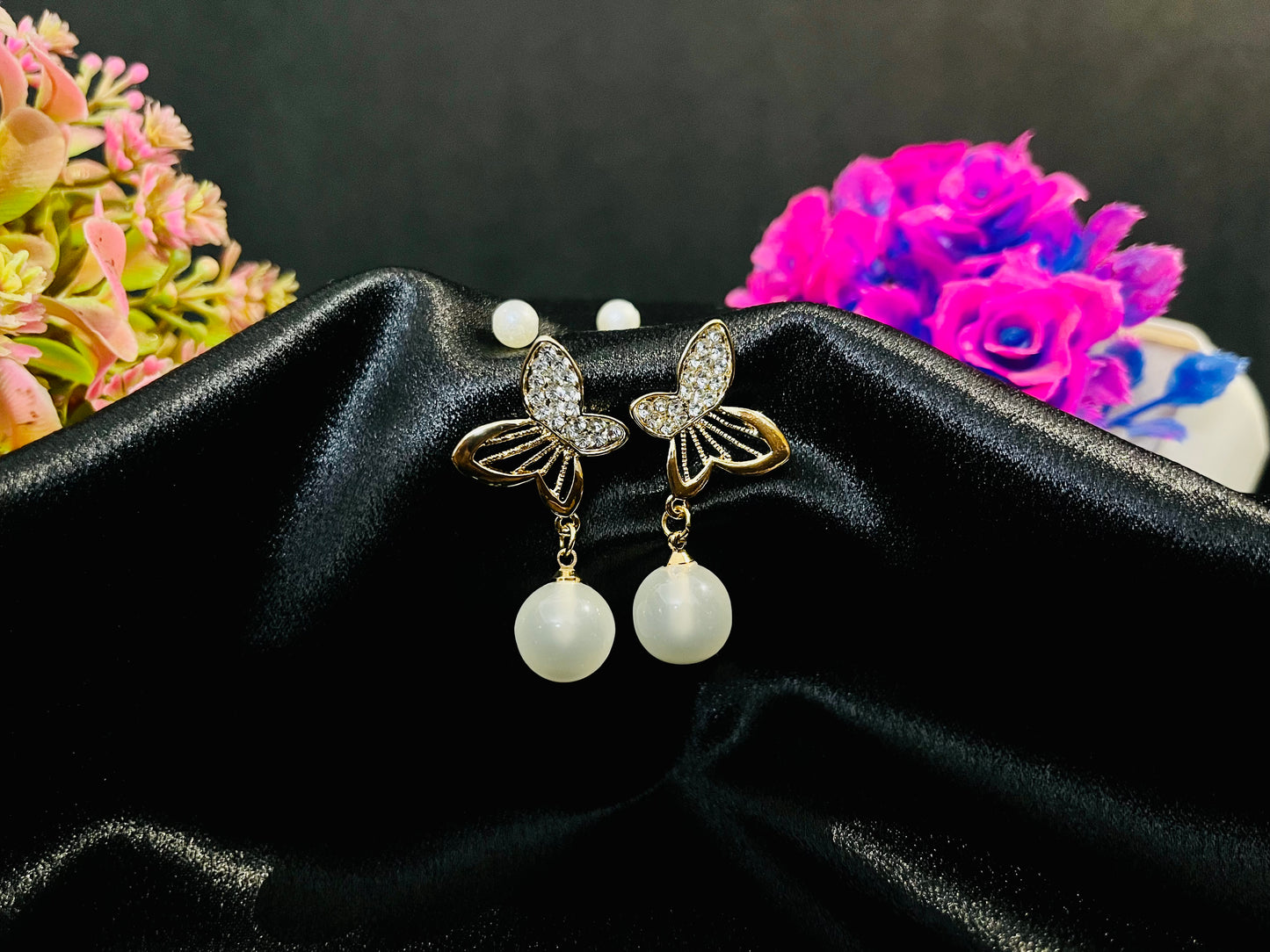 Golden Butterfly Pearl Drop Earrings | Elegant Party Jewelry