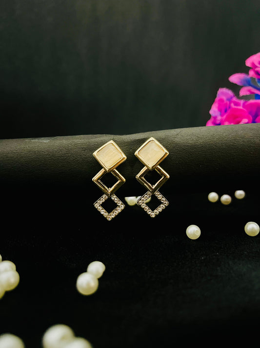 Geometric Golden Drop Earrings with Crystals | Elegant Party Jewelry
