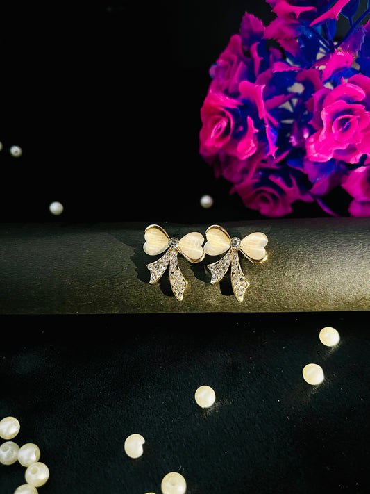 Golden Bow Stud Earrings with Heart Stones & Crystals | Elegant Women’s Jewelry
