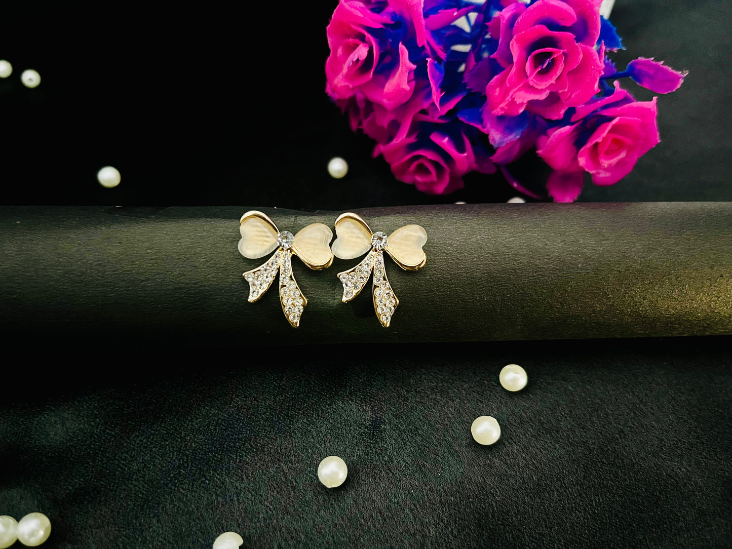 Golden Bow Stud Earrings with Heart Stones & Crystals | Elegant Women’s Jewelry