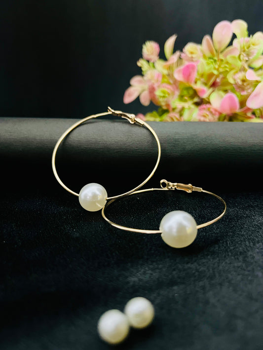 Golden Hoop Earrings with Pearl Accent | Minimal Elegant Hoops