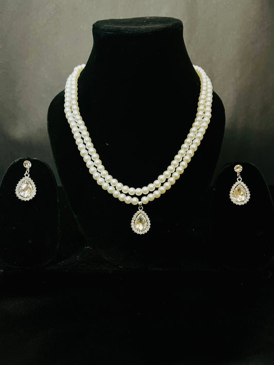 Elegant Double Layer Pearl Necklace Set with Teardrop Stone Earrings – Party & Wedding Jewellery