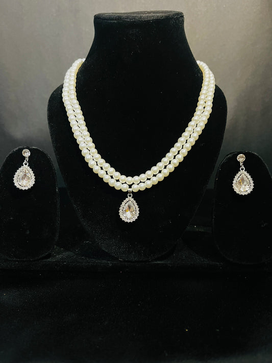 Elegant Double Layer Pearl Necklace Set with Teardrop Stone Earrings – Party & Wedding Jewelry