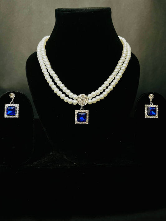 Royal Pearl Necklace Set with Blue Stone Pendant & Earrings – Party & Bridal Jewelry