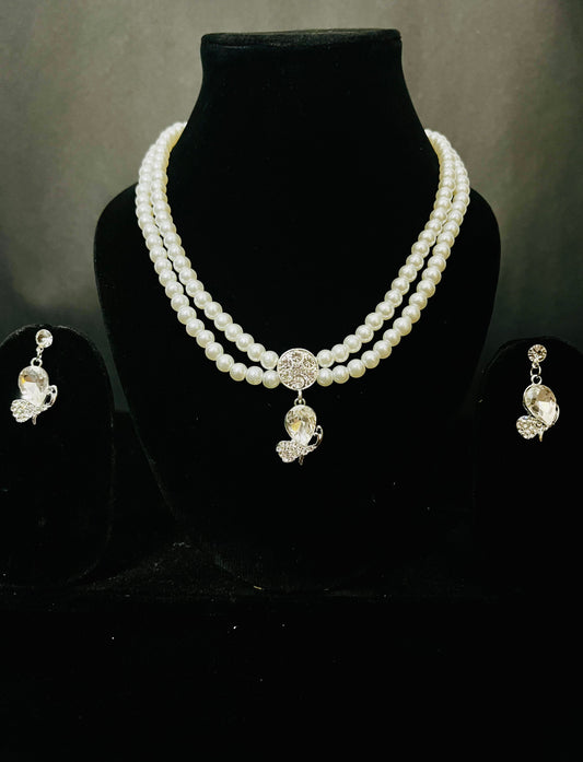 Pearl Necklace Set with Crystal Butterfly Pendant & Earrings – Bridal & Party Jewelry