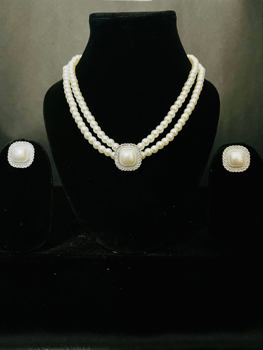 Pearl Necklace Set with Square Stone Pendant & Matching Earrings – Elegant Party Jewelry