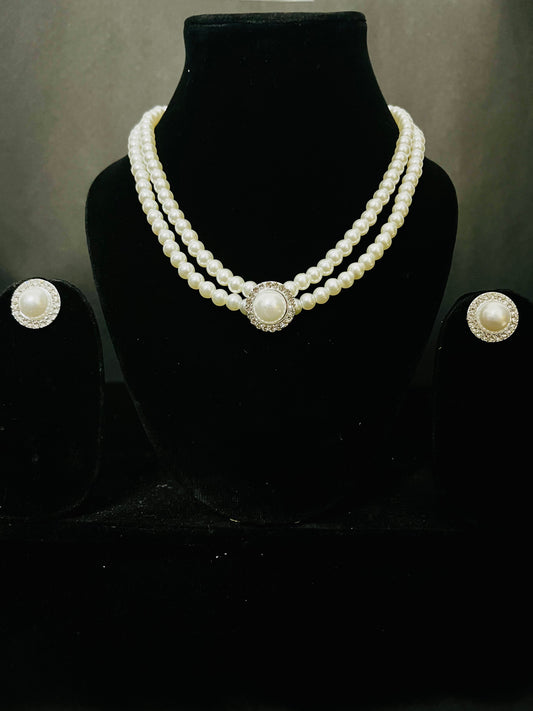 Pearl Necklace Set with Round Stone Pendant & Matching Earrings – Elegant Party Jewelry