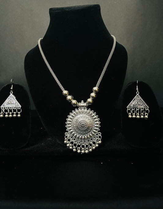 Lightweight Oxidized Necklace Set with Round Pendant & Triangle Jhumka Earrings