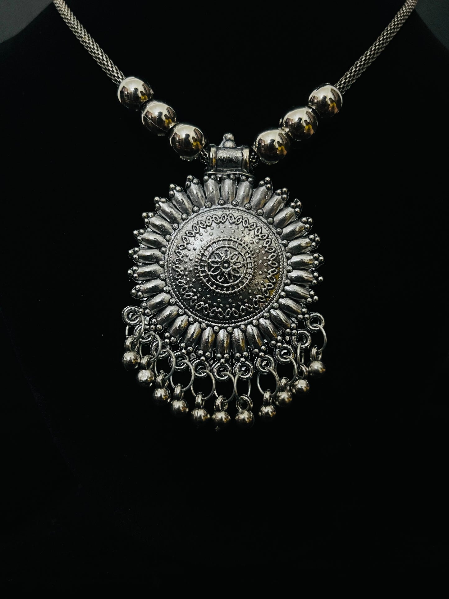 Lightweight Oxidized Necklace Set with Round Pendant & Triangle Jhumka Earrings
