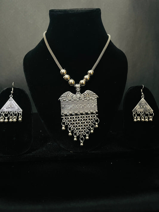 Oxidized Silver Necklace Set with Rectangular Pendant & Jhumka Earrings